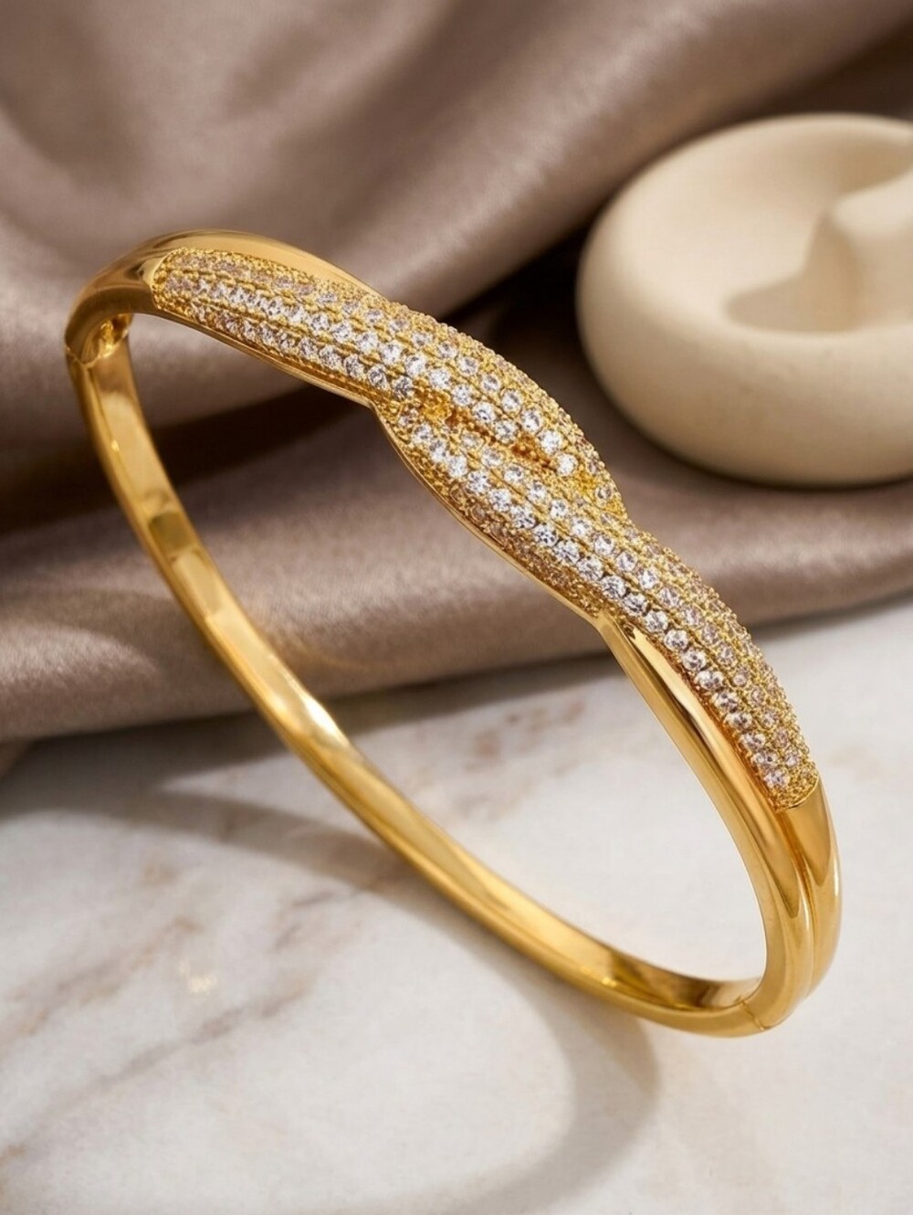 Gold Twisted Pavé Crystal Hinge Bangle Bracelet